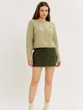 Sage Green Floral Applique Fuzzy Knit Cropped Button Front Cardigan NWT #D87